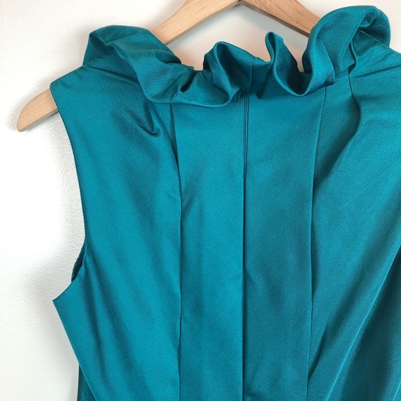 Lela Rose Ruffle Neck Silk Dress in Teal - Picture 4 of 6